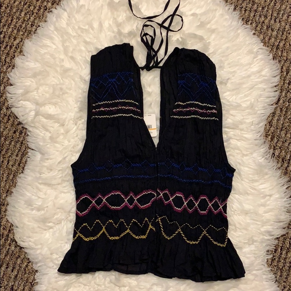 3 for $50🎉NWT free people embroidered black peplum top!